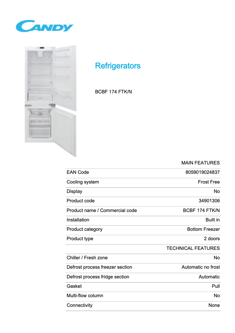 Page 1 de la notice Fiche technique Candy BCBF 174 FTK/N