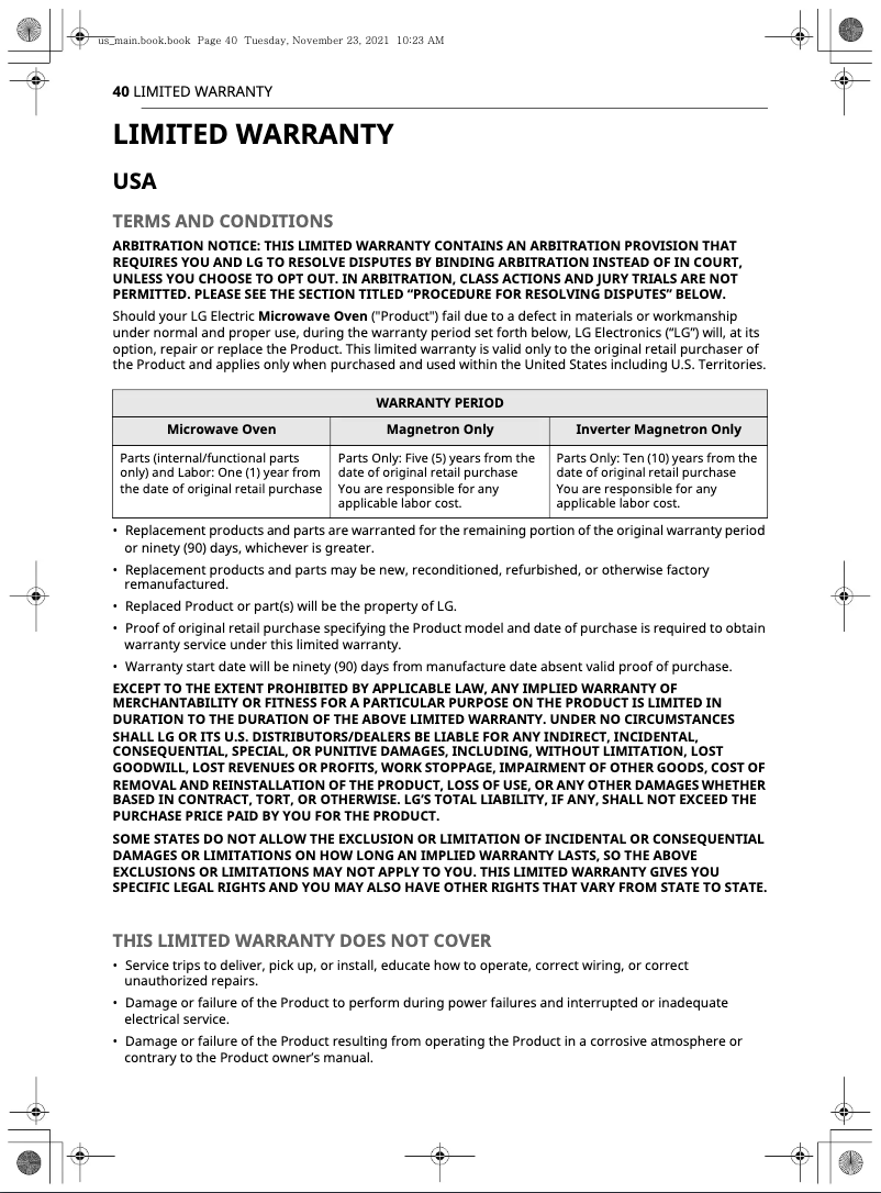 Page n°1 - Informations de garantie LG MZBZ1715D