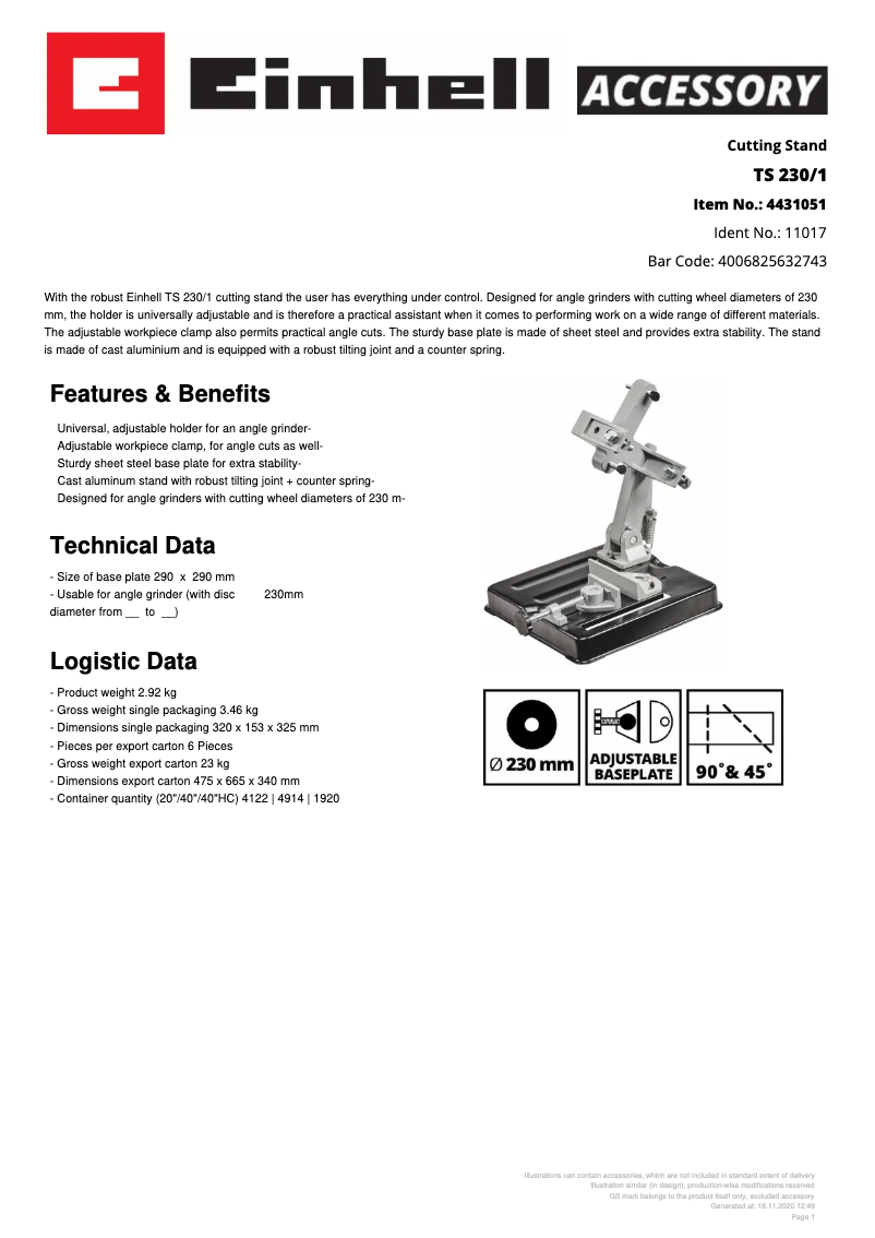 Page 1 de la notice Fiche technique Einhell TS 230/1