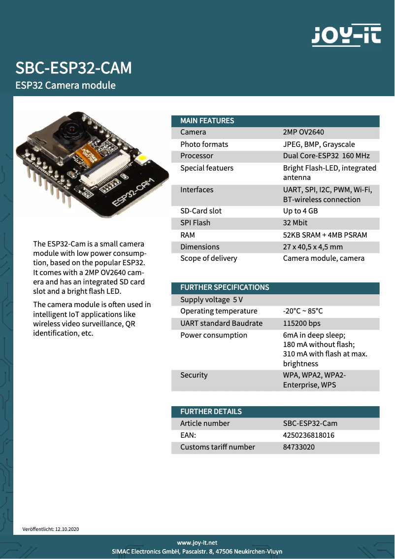 Imagen de la primera página del manual del dispositivo SBC-ESP32-Cam