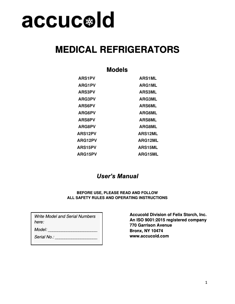 Page 1 de la notice Manuel utilisateur Accucold ARS15PV