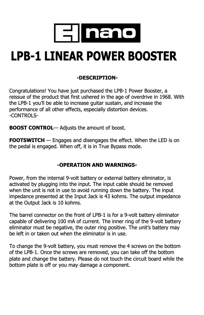 Page n°1 - Manuel utilisateur Electro Harmonix LPB-1