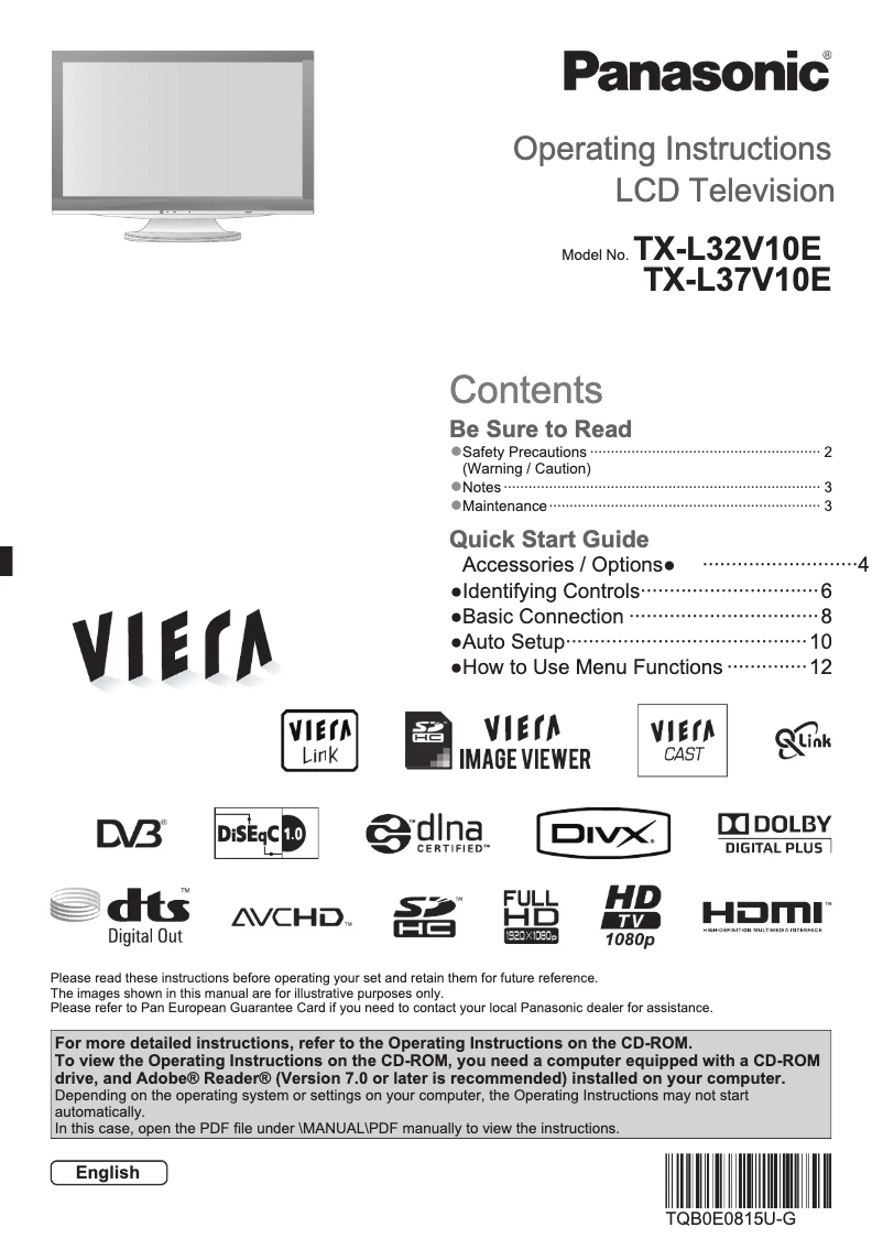 Page 1 de la notice Manuel utilisateur Panasonic Viera TX-L32V10E