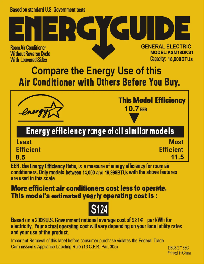 Page 1 de la notice Label énergétique GE ASM18DK