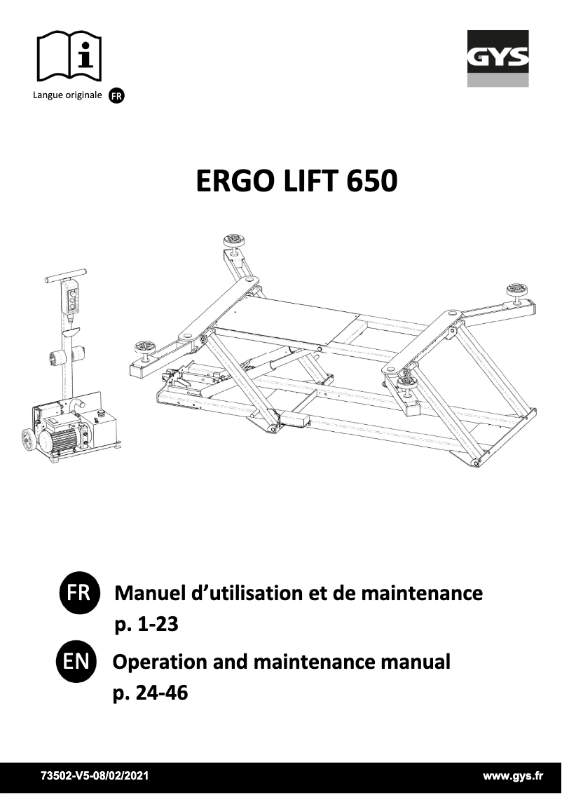 Page 1 de la notice Manuel utilisateur GYS Ergo Lift 650