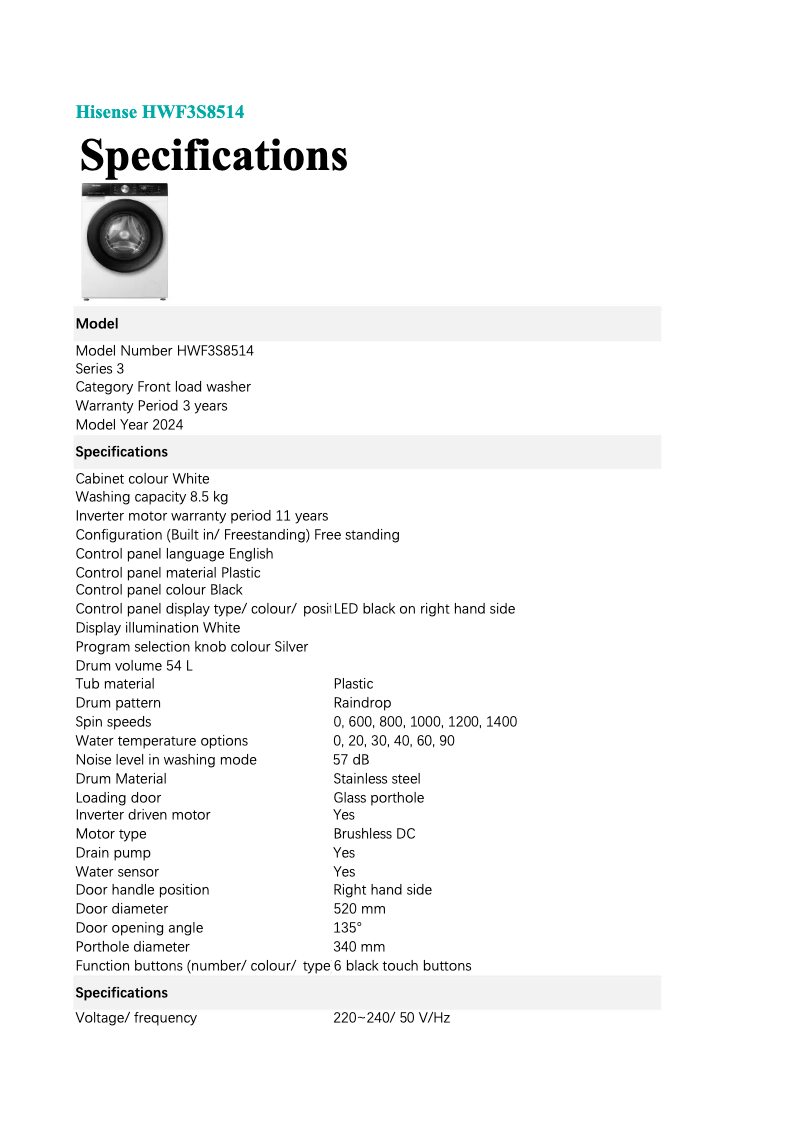 Image de la première page du manuel de l'appareil HWF3S8514