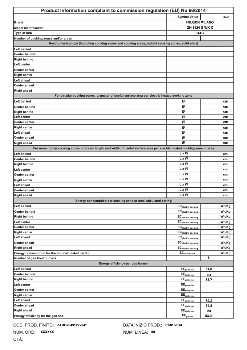 Page 1 de la notice Label énergétique Fulgor Milano QH 1124 G WK