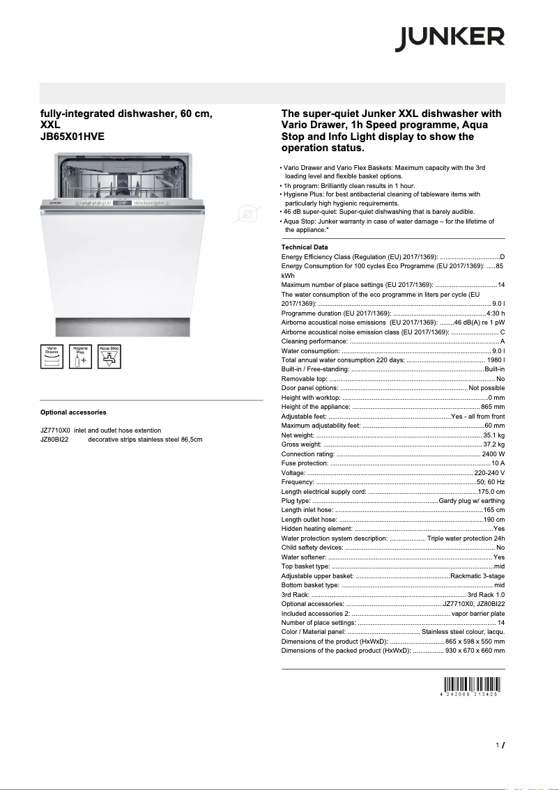 Page 1 de la notice Fiche technique Junker JB65X01HVE