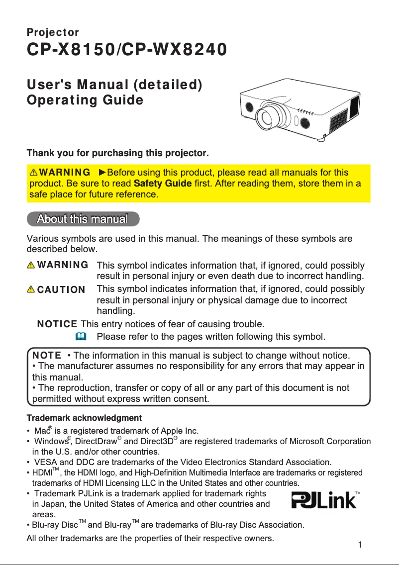 Page 1 de la notice Manuel utilisateur Hitachi CP-WU8450