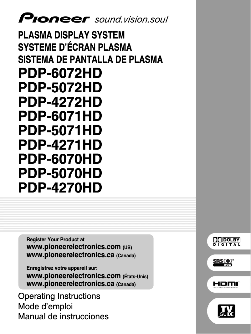Page n°1 - Manuel utilisateur Pioneer PDP-5070HD