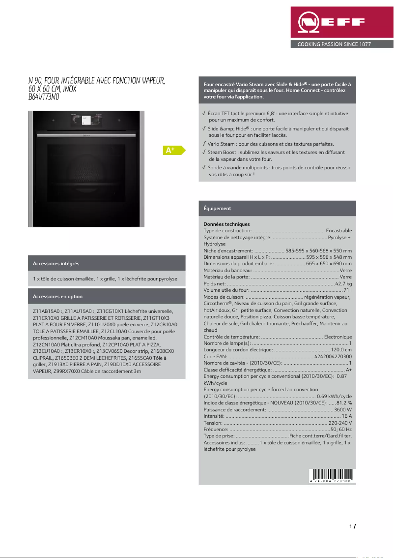 Page 1 de la notice Fiche technique Neff B64VT73N0