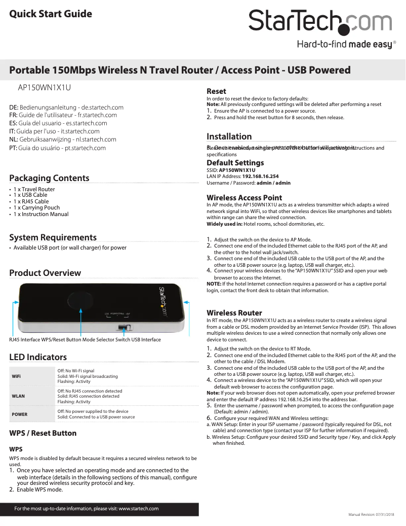 Image de la première page du manuel de l'appareil AP150WN1X1U