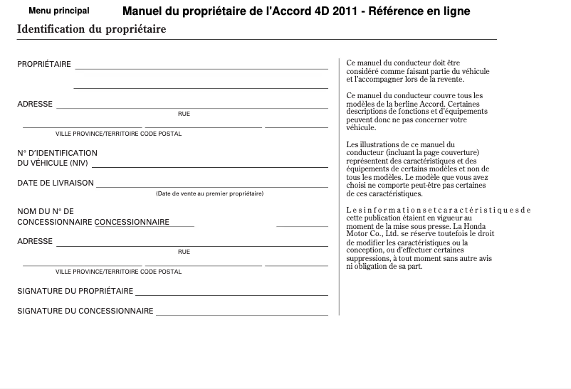 Page 1 de la notice Manuel utilisateur Honda Accord (2011)