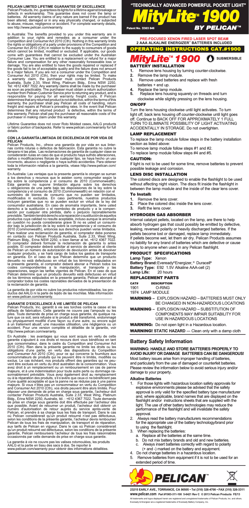 Page n°1 - Manuel utilisateur Pelican MityLite 1900