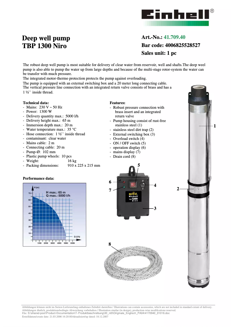 Page 1 de la notice Manuel utilisateur Einhell Royal TBP 1300 Niro