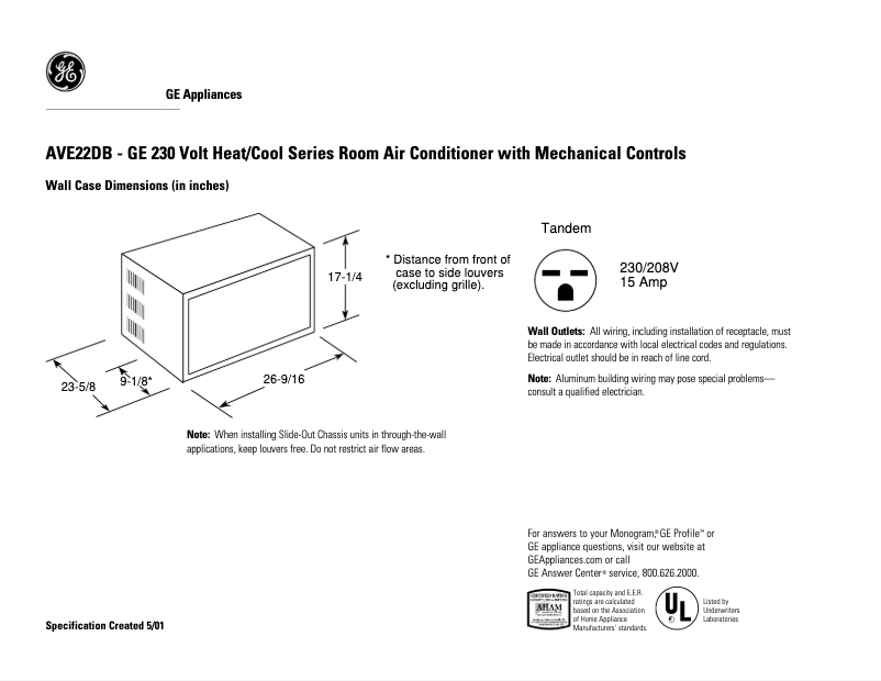 Page 1 de la notice Fiche technique GE AVE22DB