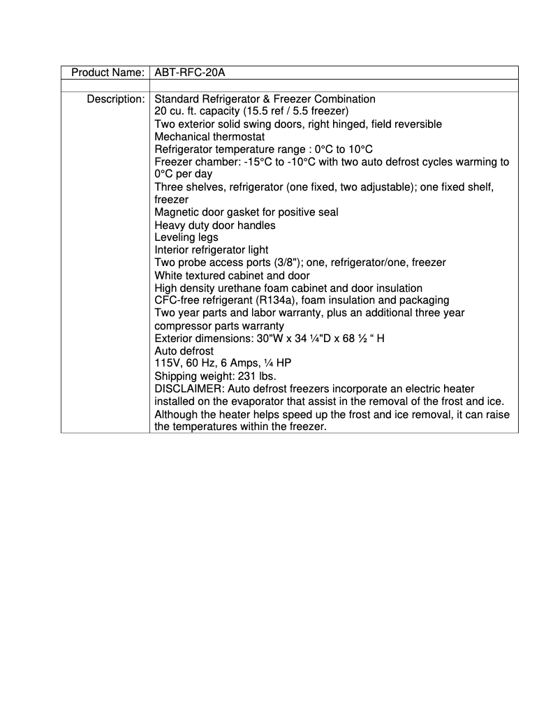 Page 1 de la notice Fiche technique American BioTech Supply ABT-RFC-20A