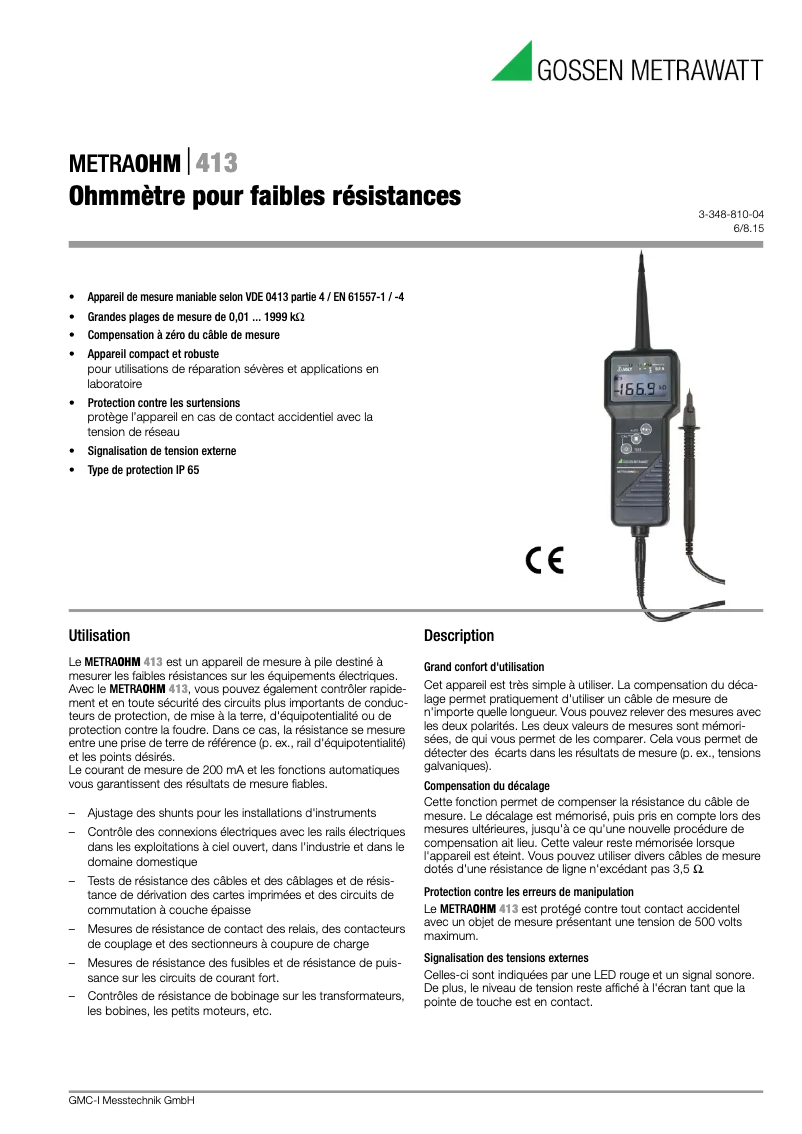 Page 1 de la notice Fiche technique Gossen Metrawatt METRAOHM 413