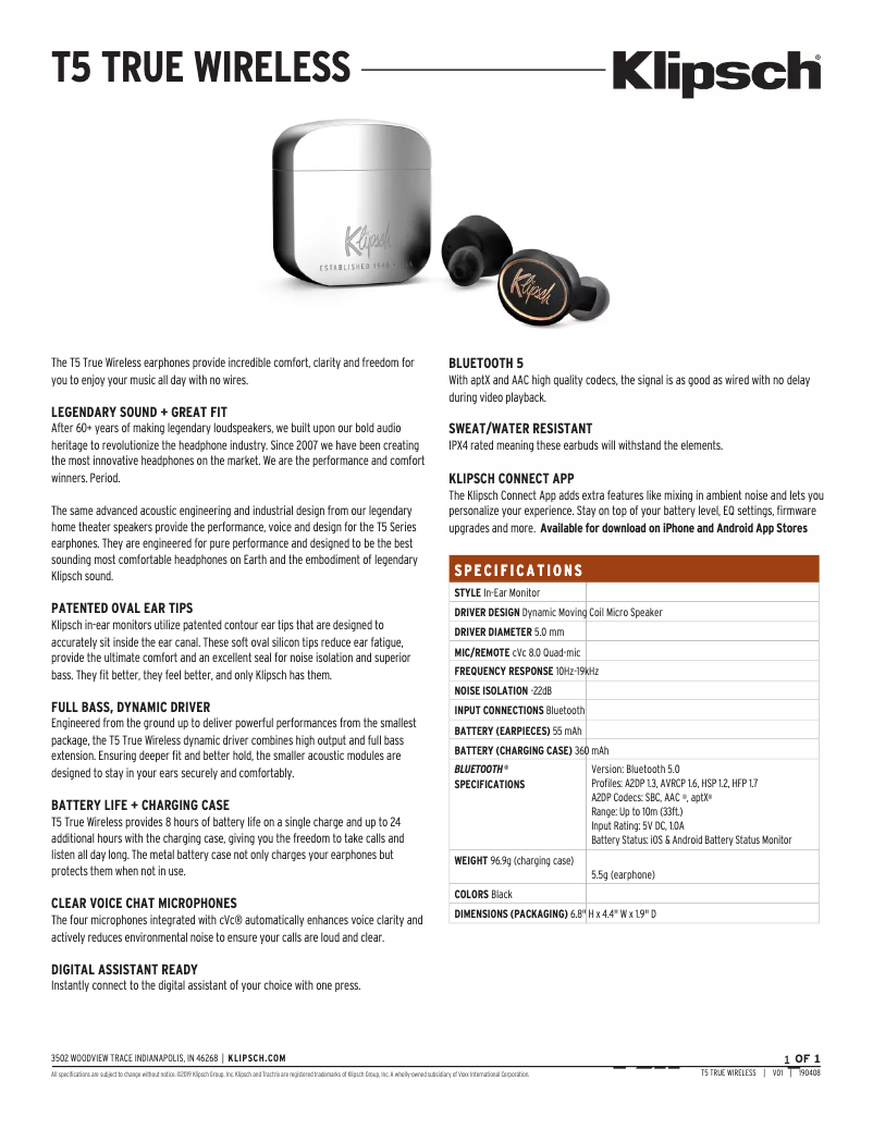 Page n°1 - Fiche technique Klipsch T5 True Wireless