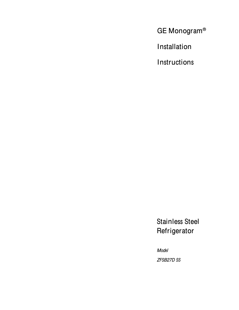 Página 1 del manual Guía de instalación GE ZFSB27DASS