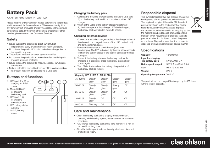 Page 1 de la notice Manuel utilisateur Clas Ohlson HTD22110A