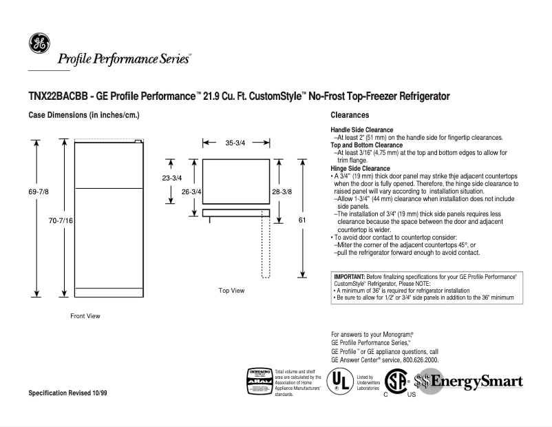Page n°1 - Fiche technique GE Profile Performance TNX22BACLBB