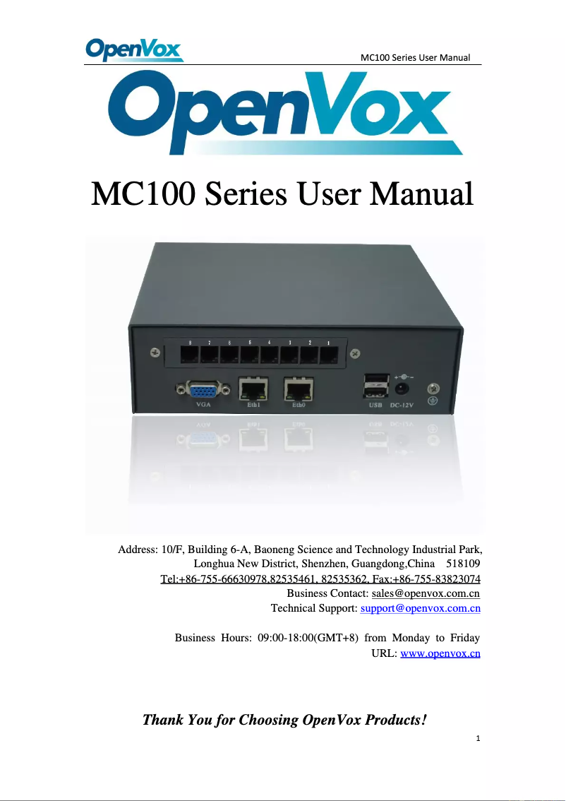 Page n°1 - Manuel utilisateur OpenVox MC100