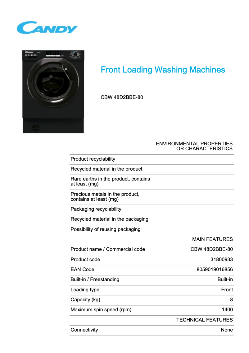 Page 1 de la notice Fiche technique Candy CBW 48D2BBE-80