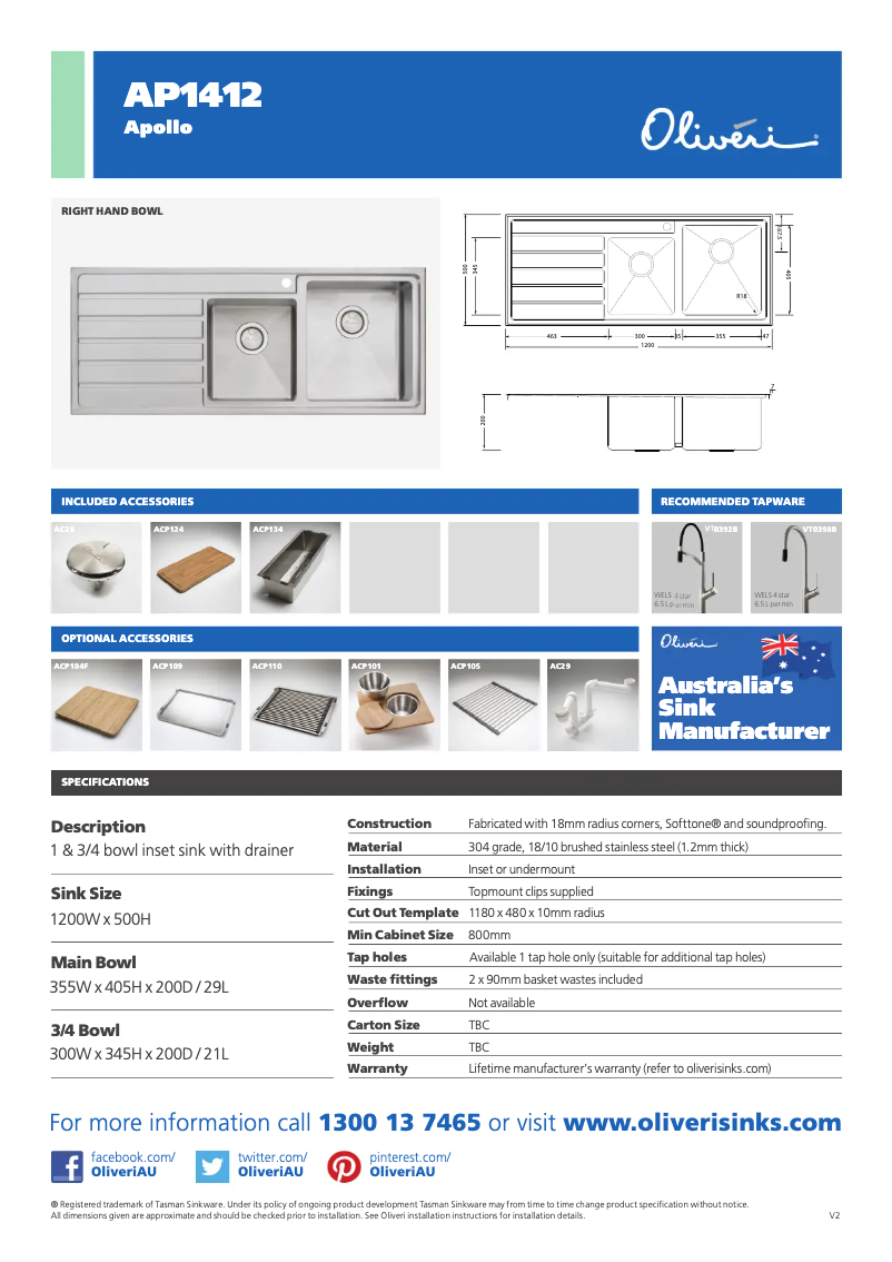 Page n°1 - Fiche technique Oliveri AP1412