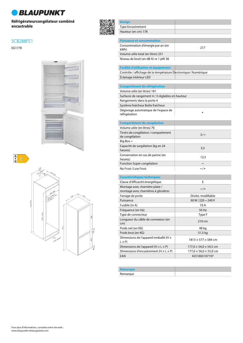 Page n°1 - Fiche technique Blaupunkt 5CB288FE1
