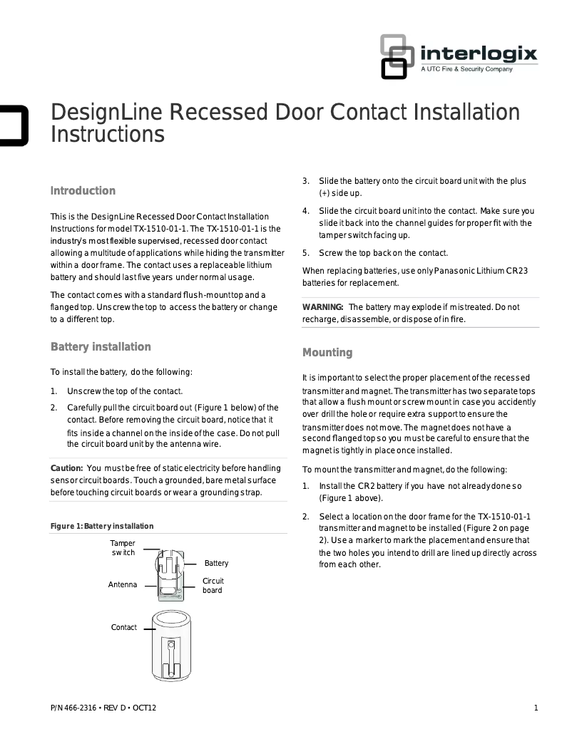 Page 1 de la notice Manuel utilisateur Interlogix TX-1510-01-1
