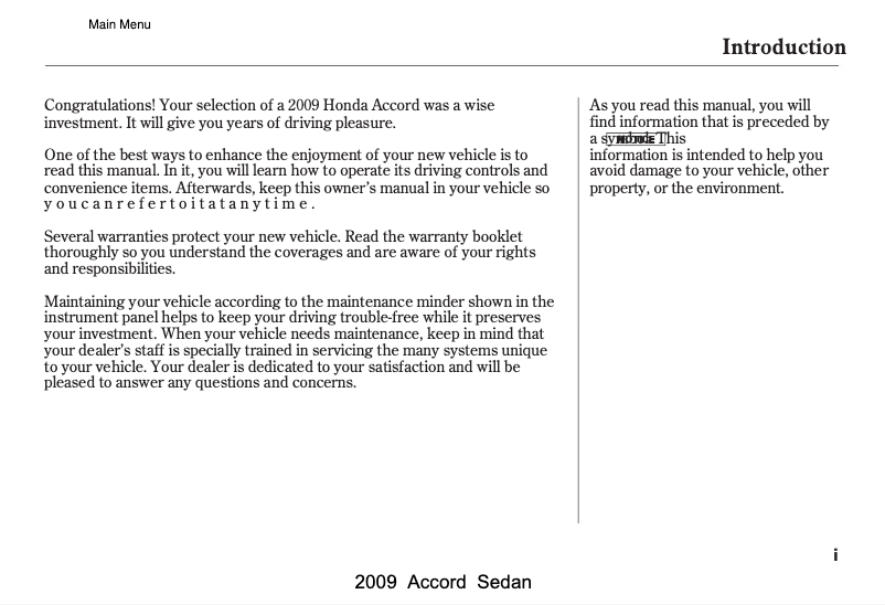 Page 1 de la notice Manuel utilisateur Honda Accord Sedan (2009)