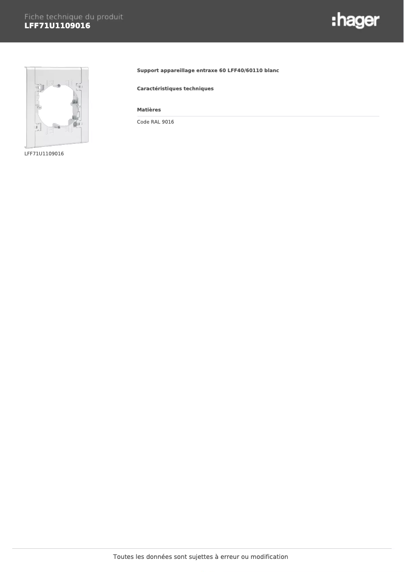 Page n°1 - Fiche technique Hager LFF71U1109016