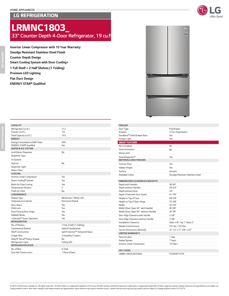 Página 1 del manual Ficha técnica LG LRMNC1803S