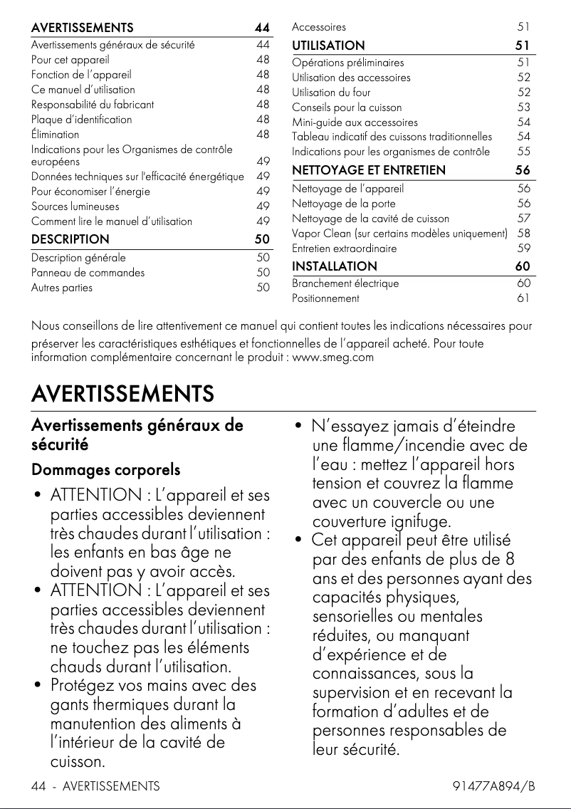 Page 1 de la notice Manuel utilisateur Smeg SF69M3TNO