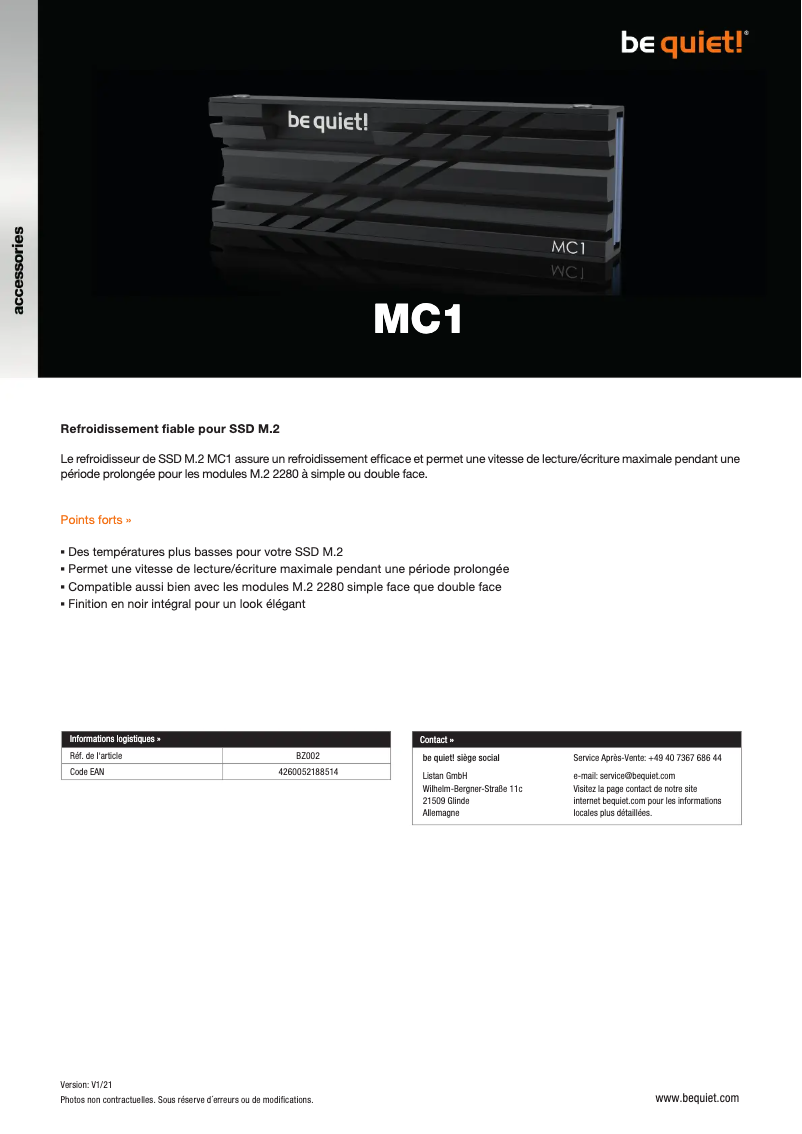 Page 1 de la notice Fiche technique Be Quiet! MC1