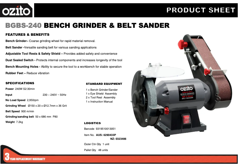 Página 1 del manual Ficha técnica Ozito BGBS-240