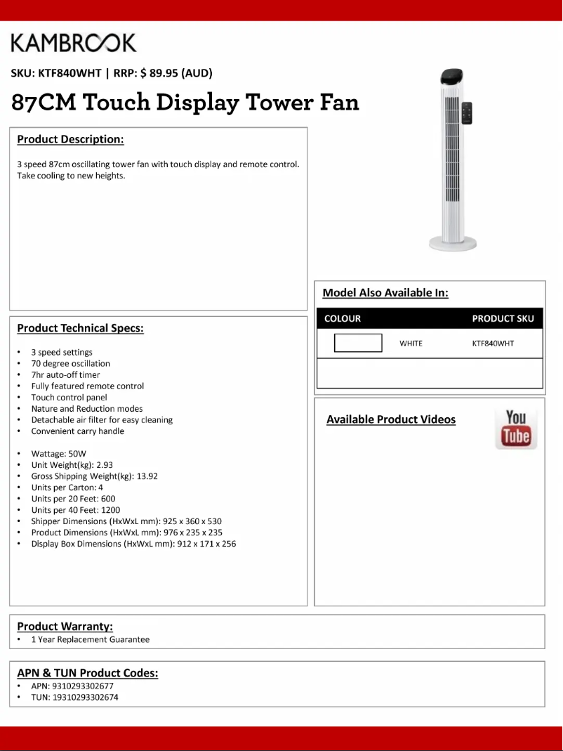 Página 1 del manual Ficha técnica Kambrook KTF840