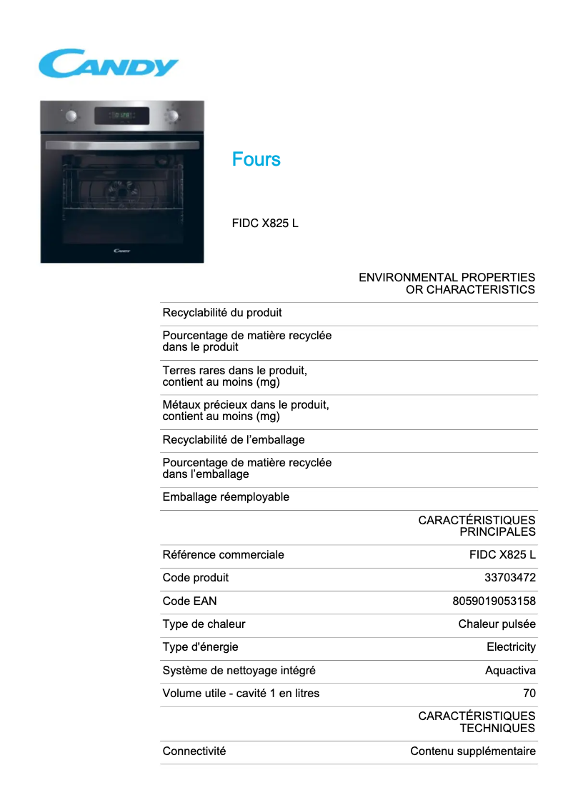 Page 1 de la notice Fiche technique Candy FIDC X825 L