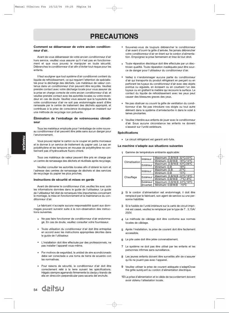 Page n°1 - Manuel utilisateur Daitsu ASD9UA