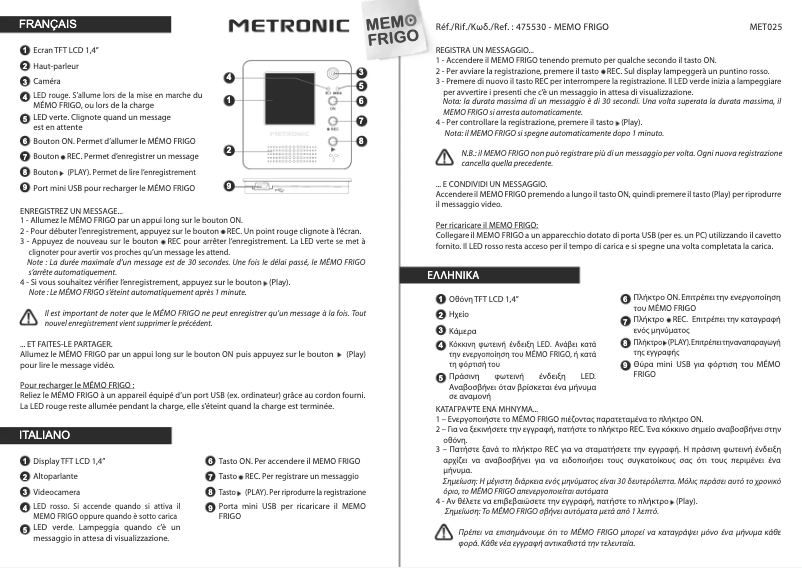 Page 1 de la notice Manuel utilisateur Metronic Memo Frigo 475530