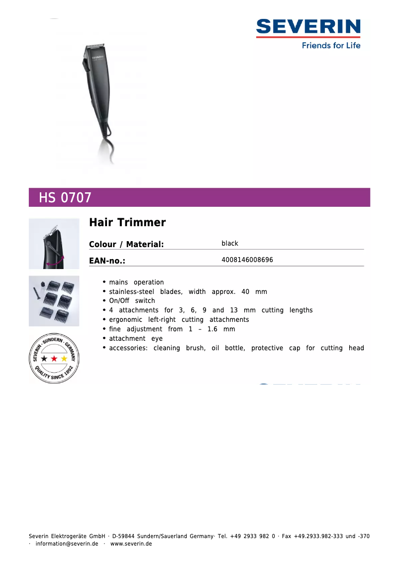 Page 1 de la notice Fiche technique Severin HS 0707