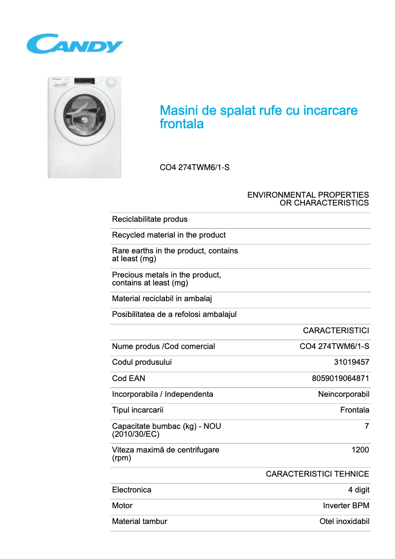 Page 1 de la notice Fiche technique Candy CO4 274TWM6/1-S