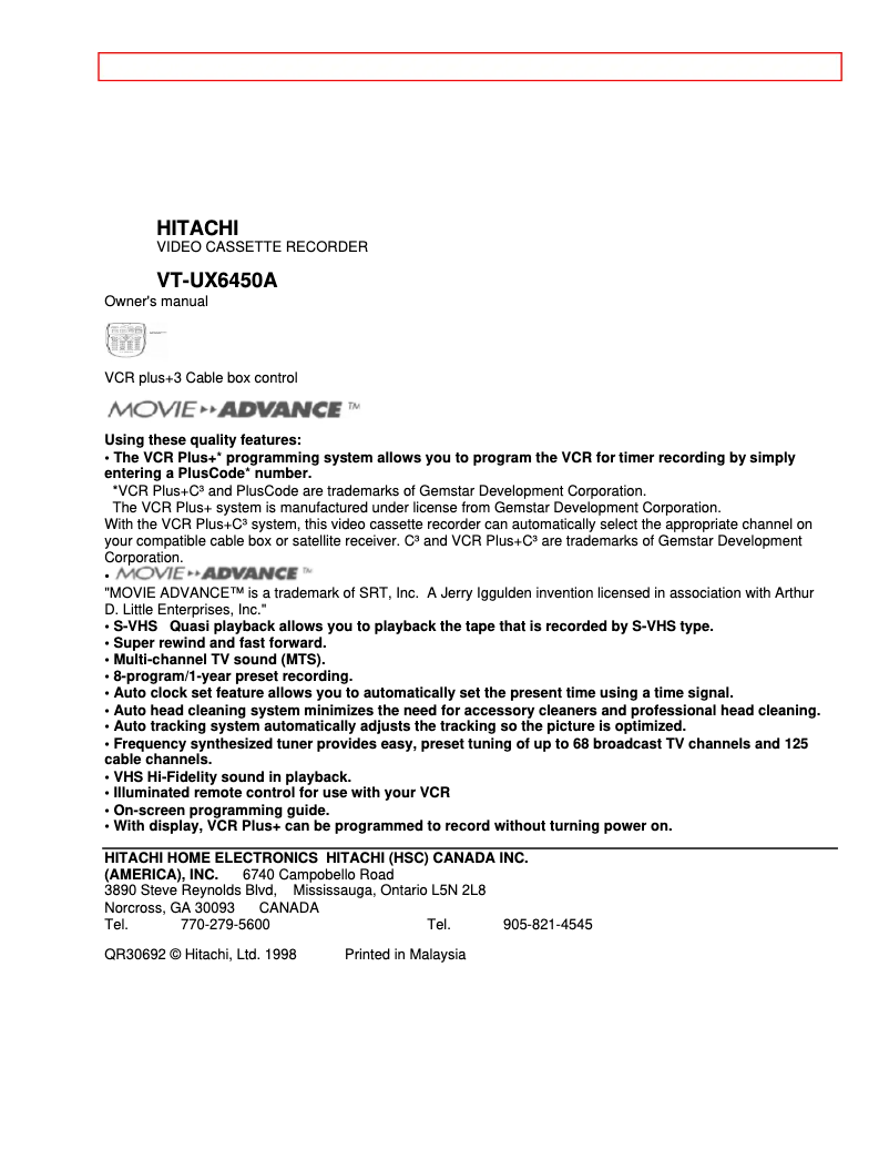 Image de la première page du manuel de l'appareil VT-UX6450A