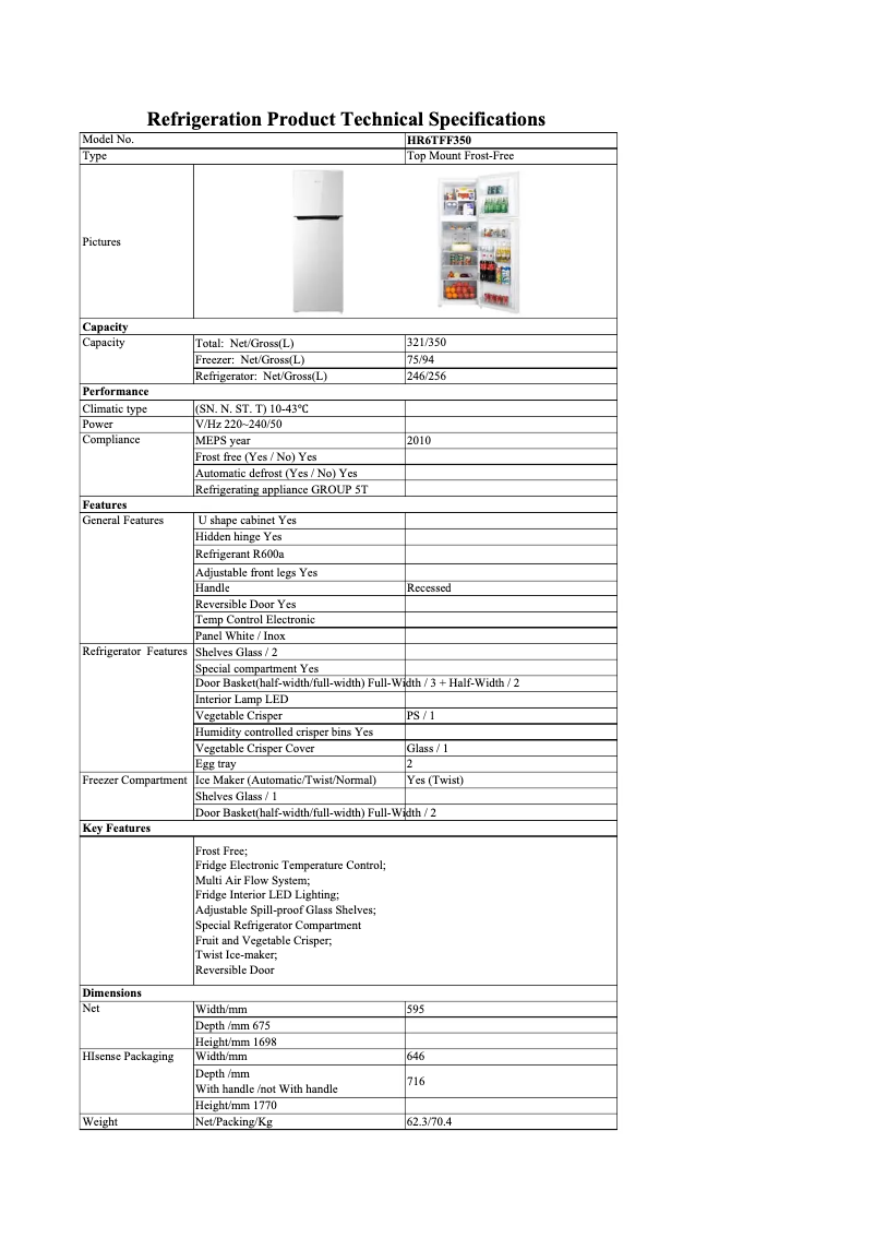 Page 1 de la notice Fiche technique Hisense HR6TFF350