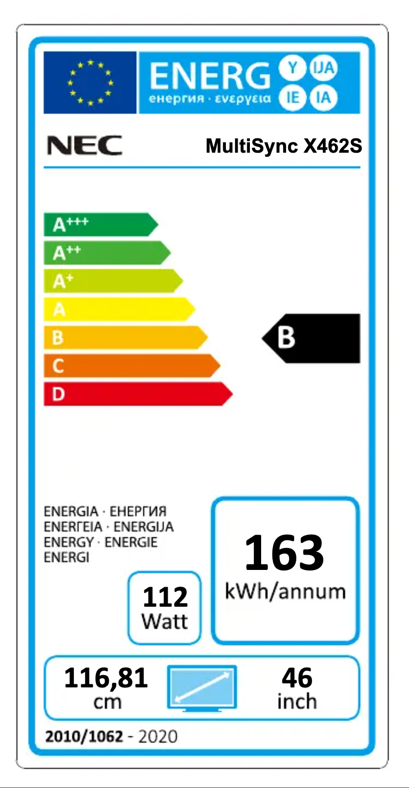 Page 1 de la notice Label énergétique NEC MultiSync X462S
