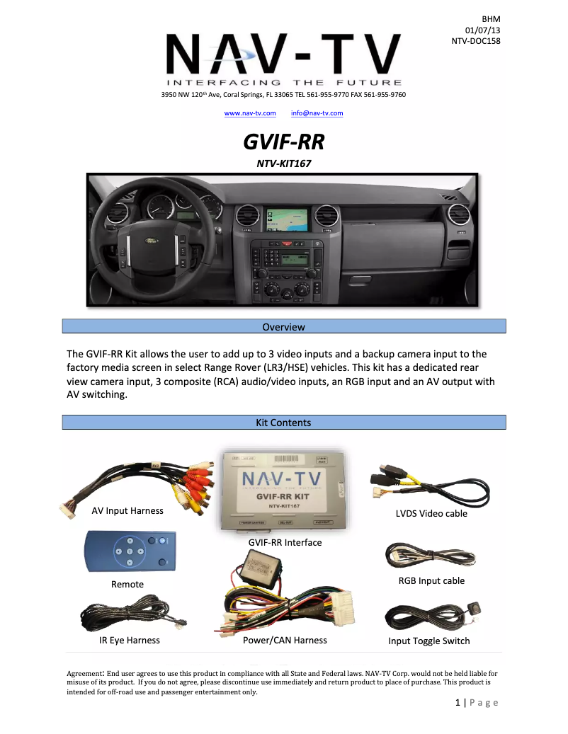 Page 1 de la notice Guide d'installation NAV-TV GVIF-RR NTV-KIT167