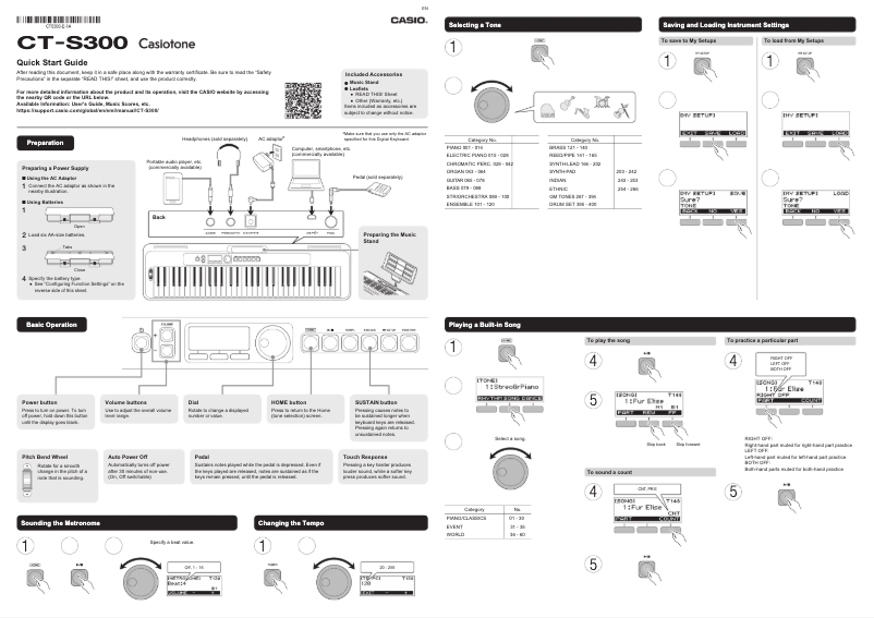Page 1 de la notice Guide de démarrage rapide Casio Casiotone CT-S300