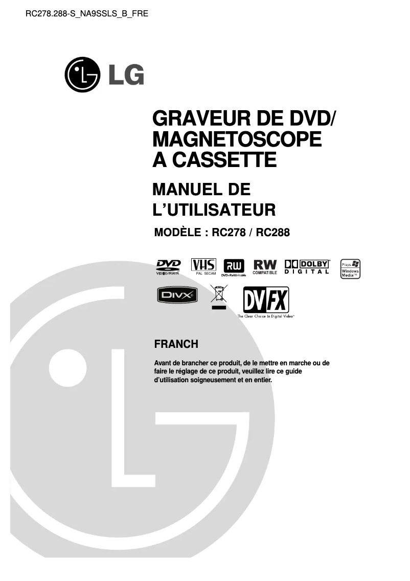 Page 1 de la notice Manuel utilisateur LG RC288