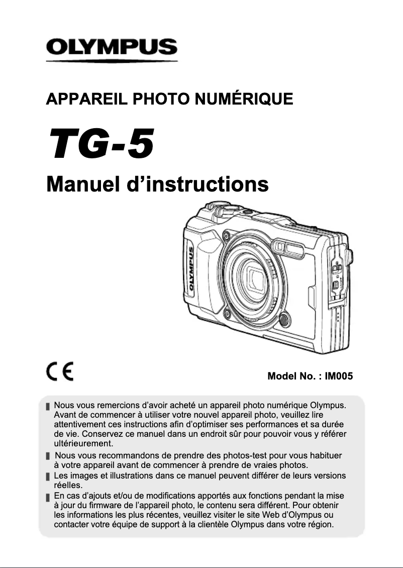 Page 1 de la notice Manuel utilisateur Olympus Tough TG-5